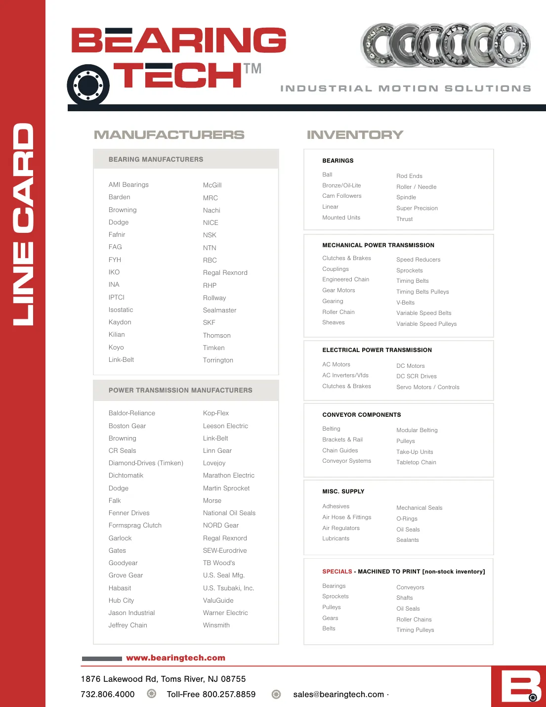 Bearing Tech line card product and manufacturer page